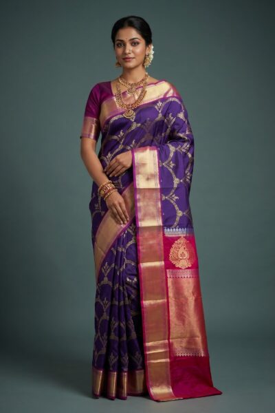 Purple Banaras Pattu Saree with Pink border, Gold/silver Zari
