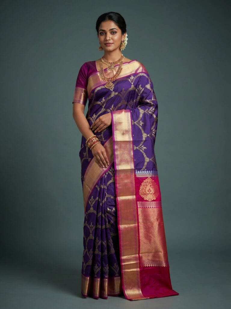 Purple Banaras Pattu Saree with Pink border, Gold/silver Zari
