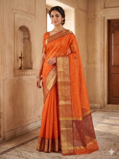 Bright orange Banaras soft silk saree draped on a mannequin, showcasing gold zari borders and subtle woven checks.