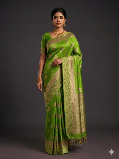 Bright Green Banaras Soft Crepe Saree with Floral Zari Border
