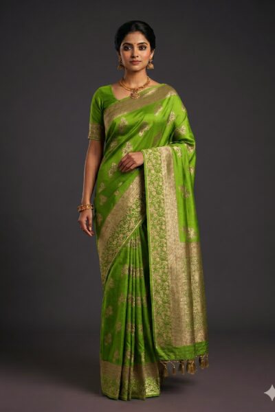 Bright Green Banaras Soft Crepe Saree with Floral Zari Border