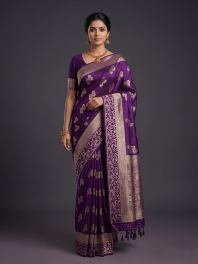 Deep Purple Banaras Soft Crepe Saree with Floral Zari Border