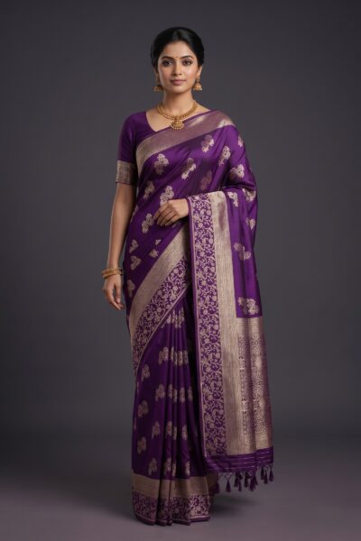 Deep Purple Banaras Soft Crepe Saree with Floral Zari Border
