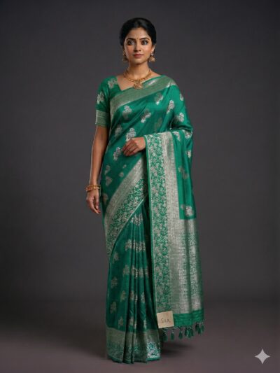 Deep Sea Green Banaras Soft Crepe Saree with Floral Zari Border