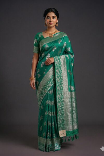 Deep Sea Green Banaras Soft Crepe Saree with Floral Zari Border