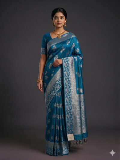 Teal Blue Banaras Soft Crepe Saree with Floral Zari Border