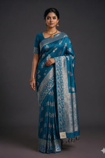 Teal Blue Banaras Soft Crepe Saree with Floral Zari Border