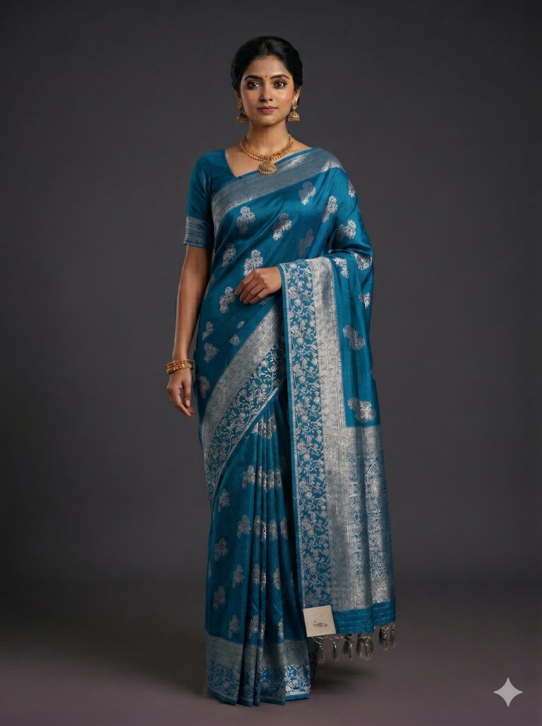 Teal Blue Banaras Soft Crepe Saree with Floral Zari Border