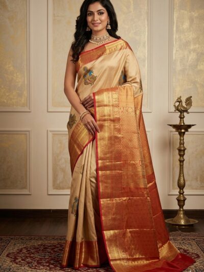 Beautiful woman wearing a golden-beige Kalamkari semi pattu saree with a heavy red and gold zari pallu and peacock motifs.