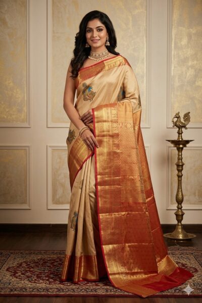 Beautiful woman wearing a golden-beige Kalamkari semi pattu saree with a heavy red and gold zari pallu and peacock motifs.