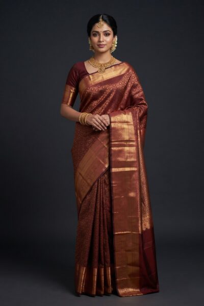 Maroon Vintage Semi Kanjeevaram Pattu Saree with Gold Zari
