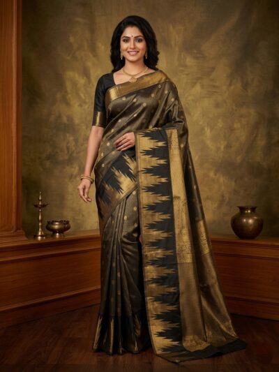 Woman draped in an elegant black Kanjeevaram Pattu saree featuring a heavy gold zari temple border and all-over gold motifs.