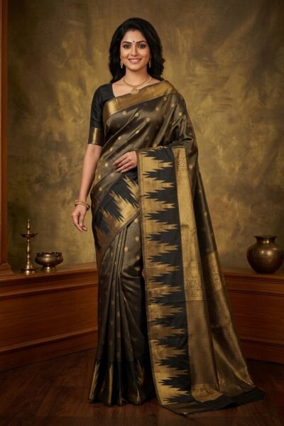 Woman draped in an elegant black Kanjeevaram Pattu saree featuring a heavy gold zari temple border and all-over gold motifs.