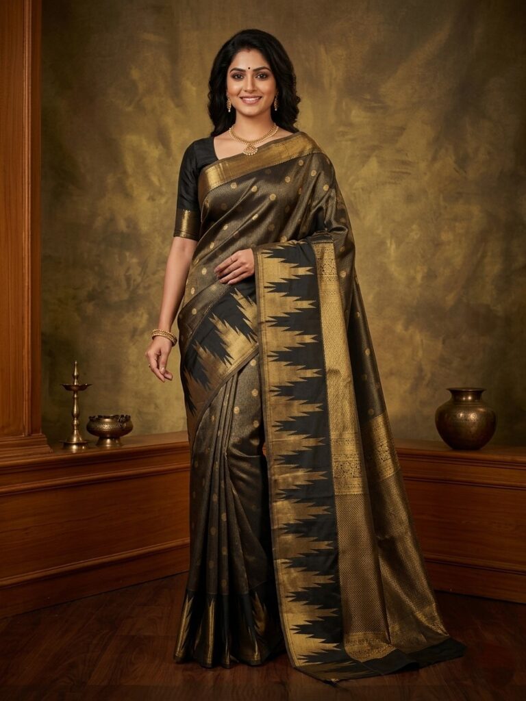 Woman draped in an elegant black Kanjeevaram Pattu saree featuring a heavy gold zari temple border and all-over gold motifs.