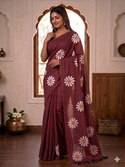 Smiling woman wearing a rich deep brown khadi cotton saree with scattered white daisy floral prints and a matching pallu with black tassels.