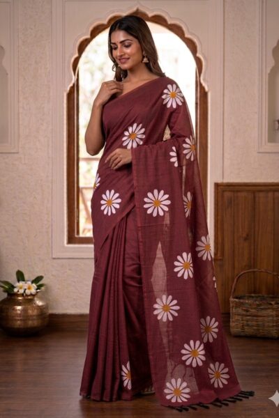 Smiling woman wearing a rich deep brown khadi cotton saree with scattered white daisy floral prints and a matching pallu with black tassels.