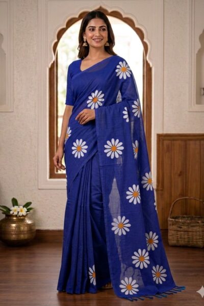 Smiling woman wearing a deep dark blue khadi cotton saree with scattered white daisy floral prints and a matching pallu with dark blue tassels.