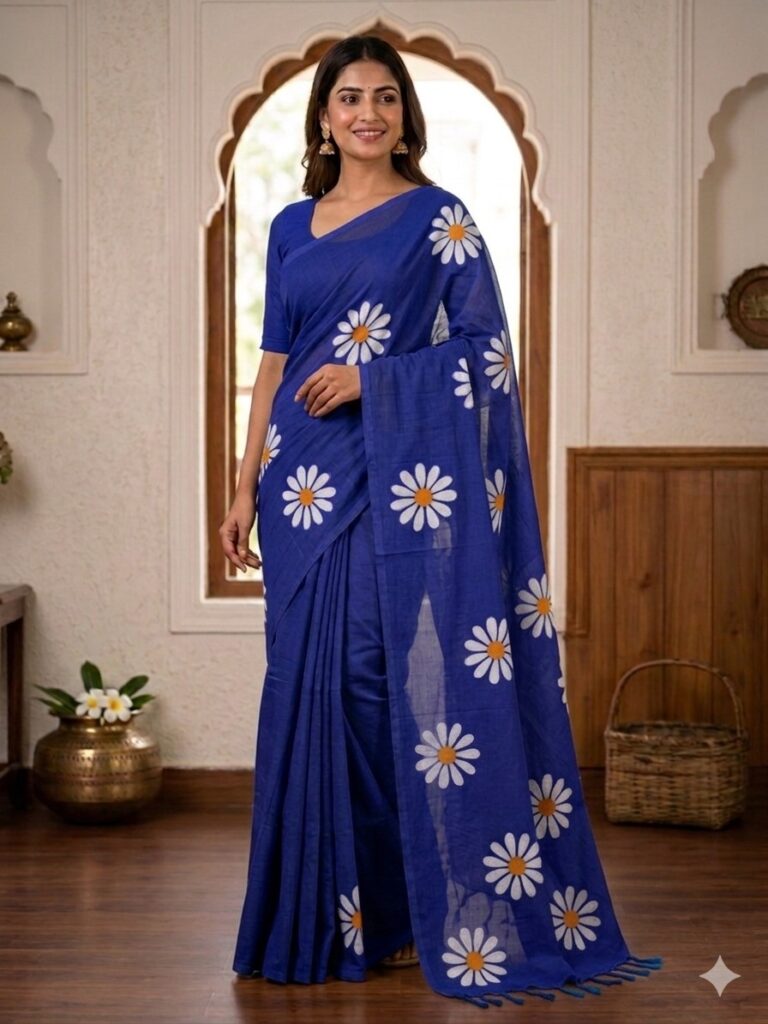 Smiling woman wearing a deep dark blue khadi cotton saree with scattered white daisy floral prints and a matching pallu with dark blue tassels.