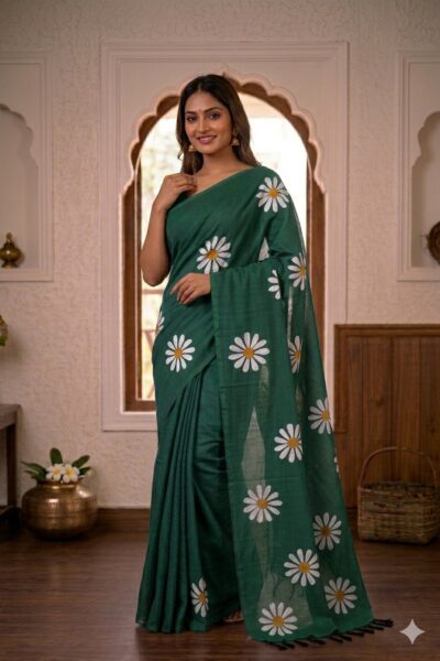 Smiling woman wearing a rich dark green khadi cotton saree with scattered white daisy floral prints and a matching pallu with black tassels.