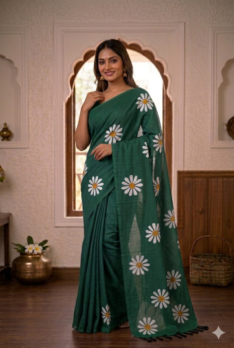 Smiling woman wearing a rich dark green khadi cotton saree with scattered white daisy floral prints and a matching pallu with black tassels.