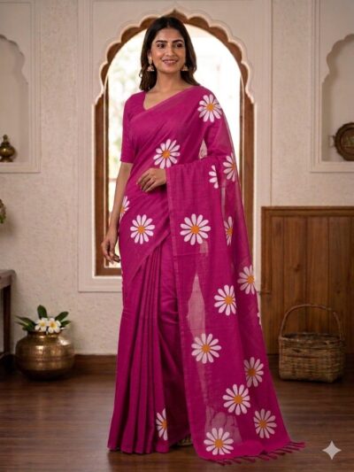 Smiling woman wearing a vibrant dark pink khadi cotton saree with scattered white daisy floral prints and a matching pallu with dark pink tassels.