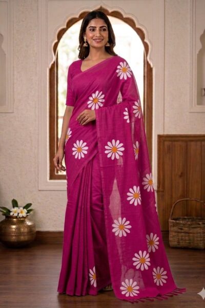Smiling woman wearing a vibrant dark pink khadi cotton saree with scattered white daisy floral prints and a matching pallu with dark pink tassels.