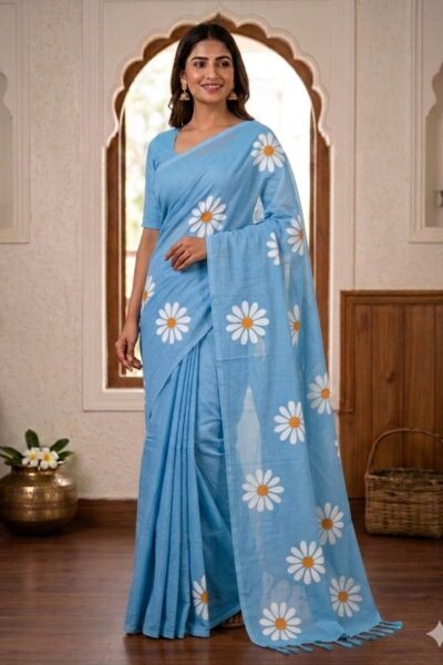 Soothing Light Blue Khadi Cotton Saree with Daisy Floral Prints