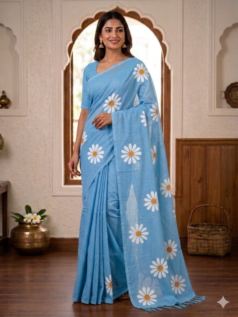 Soothing Light Blue Khadi Cotton Saree with Daisy Floral Prints