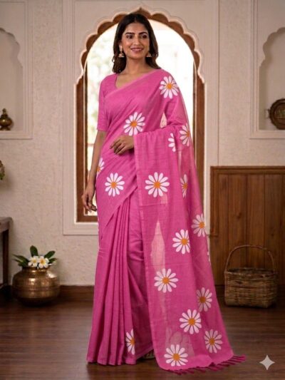 Smiling woman wearing a beautiful light pink khadi cotton saree with scattered white daisy floral prints and a matching pallu with pink tassels.