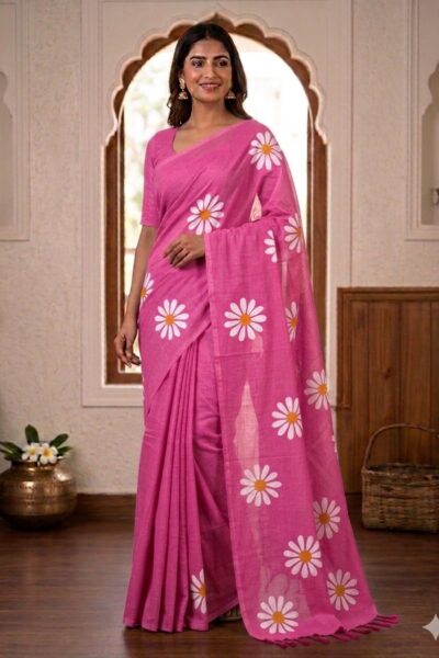 Smiling woman wearing a beautiful light pink khadi cotton saree with scattered white daisy floral prints and a matching pallu with pink tassels.