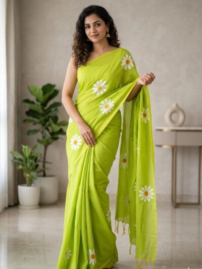 Woman wearing a vibrant lime green cotton saree with scattered white daisy floral prints and a matching green tassel pallu.