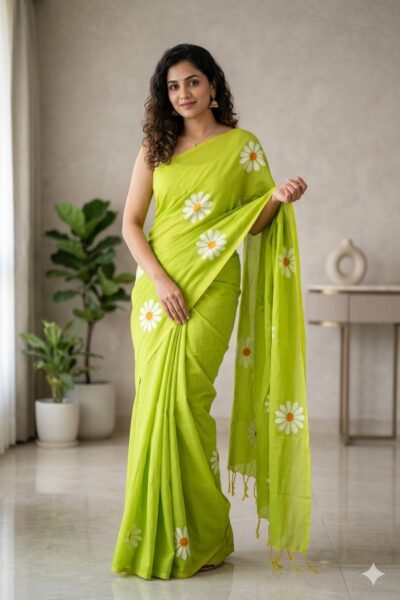 Woman wearing a vibrant lime green cotton saree with scattered white daisy floral prints and a matching green tassel pallu.
