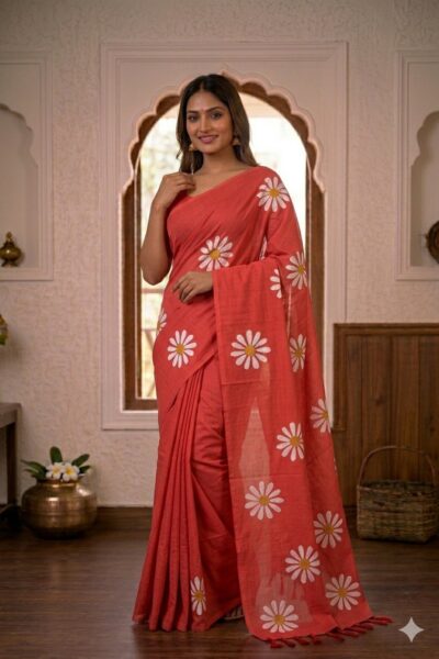 Smiling woman wearing a vibrant red khadi cotton saree with scattered white daisy floral prints and a matching pallu with red tassels.