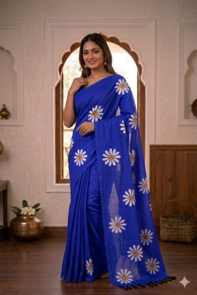Smiling woman wearing a vibrant royal blue khadi cotton saree with scattered white daisy floral prints and a matching pallu with black tassels.