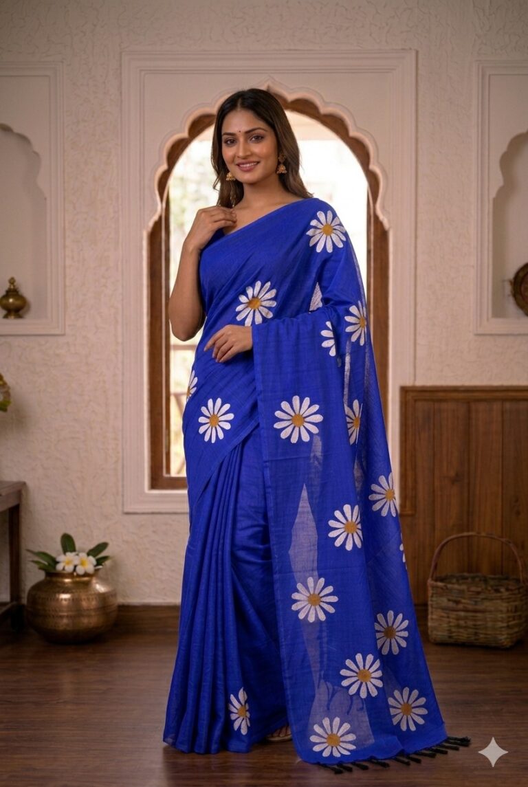 Smiling woman wearing a vibrant royal blue khadi cotton saree with scattered white daisy floral prints and a matching pallu with black tassels.