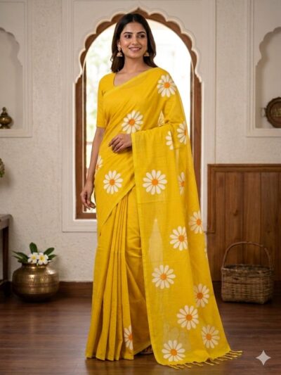 Smiling woman wearing a bright yellow cotton saree with scattered white daisy floral prints and a matching yellow tassel pallu.