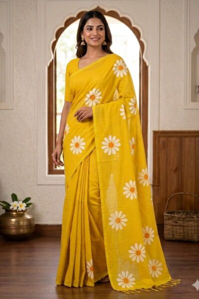 Smiling woman wearing a bright yellow cotton saree with scattered white daisy floral prints and a matching yellow tassel pallu.