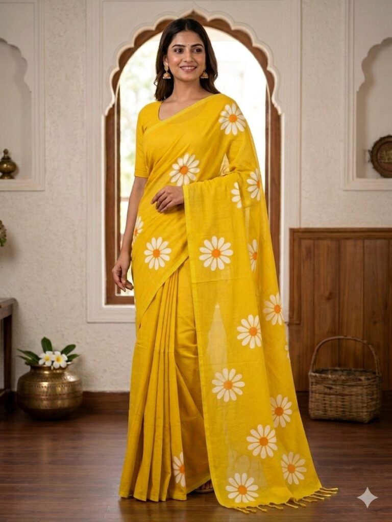 Smiling woman wearing a bright yellow cotton saree with scattered white daisy floral prints and a matching yellow tassel pallu.
