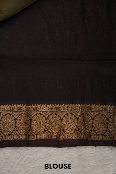 Plain coffee brown unstitched blouse piece with an elegant gold zari arch border matching the olive green lightweight Pattu saree.