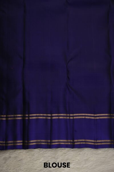 Plain navy blue unstitched blouse piece with elegant gold zari stripes matching the grey lightweight Pattu saree.