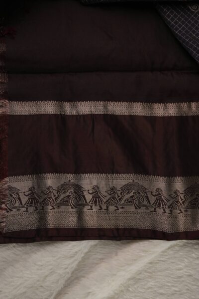 Plain deep coffee brown unstitched blouse piece featuring an intricate metallic zari border depicting a traditional palanquin procession, matching the navy blue Kanchi Pattu saree.