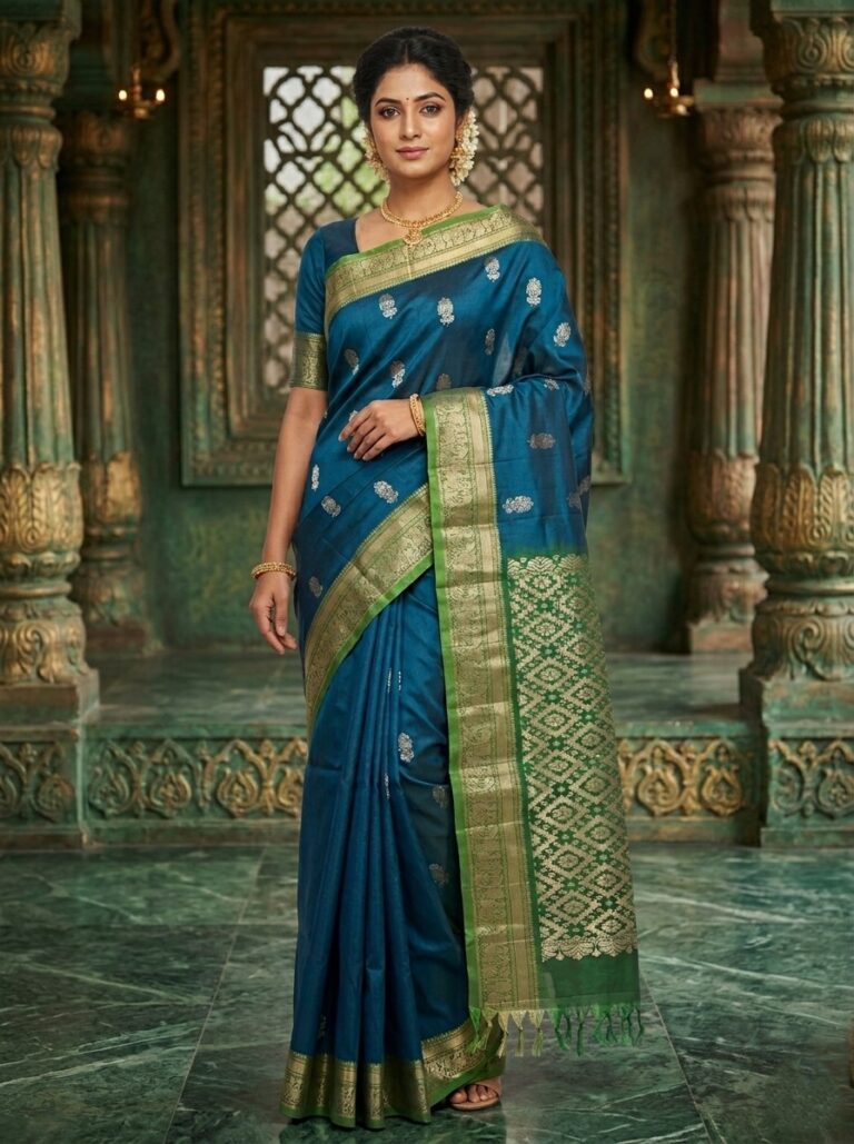 Elegant deep blue lightweight Pattu saree with floral zari buttis and a contrast green geometric zari pallu with tassels.
