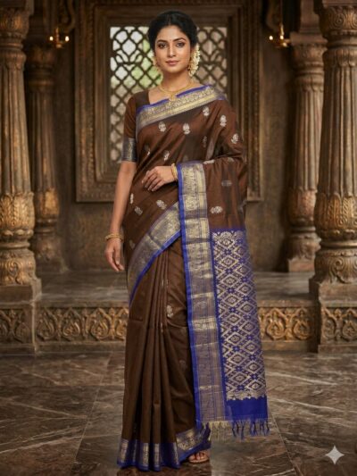 Elegant rich brown lightweight Pattu saree with floral zari buttis and a contrast royal blue geometric zari pallu with tassels.