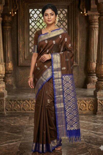 Elegant rich brown lightweight Pattu saree with floral zari buttis and a contrast royal blue geometric zari pallu with tassels.