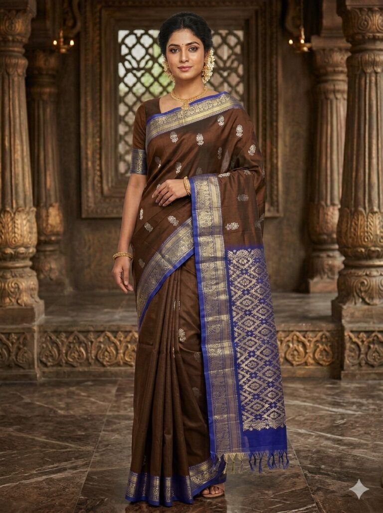 Elegant rich brown lightweight Pattu saree with floral zari buttis and a contrast royal blue geometric zari pallu with tassels.