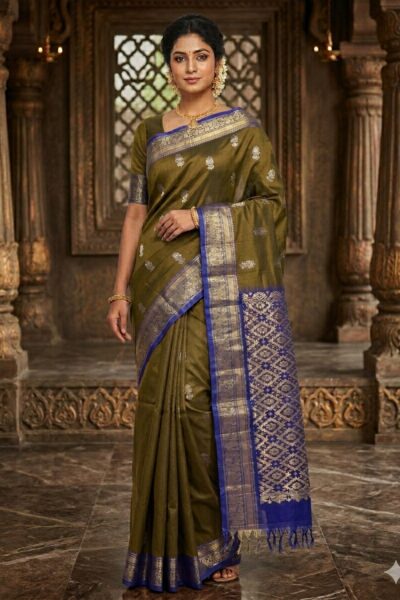 Elegant antique copper lightweight Pattu saree with floral zari buttis and a contrast royal blue geometric zari pallu with tassels.