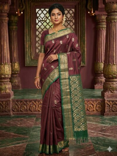 Elegant deep maroon lightweight Pattu saree with floral zari buttis and a contrast emerald green geometric zari pallu with tassels.