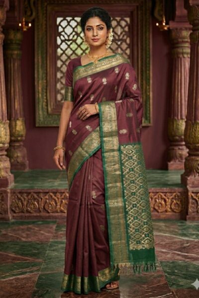 Elegant deep maroon lightweight Pattu saree with floral zari buttis and a contrast emerald green geometric zari pallu with tassels.
