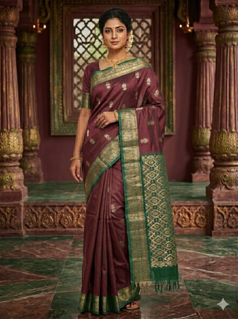 Elegant deep maroon lightweight Pattu saree with floral zari buttis and a contrast emerald green geometric zari pallu with tassels.