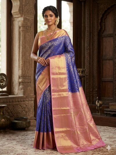 Beautiful woman wearing a royal blue premium Kanjeevaram Pattu saree featuring a contrast baby pink heavy gold zari pallu and all-over body motifs.